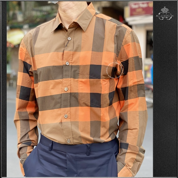 BURBERRY Bright Orange IP CHK Somerton Check Stretch Cotton Poplin Shirt  (Dài - Check Lệch) | WEBSITE HÀNG HIỆU DUY NHẤT VIỆT NAM